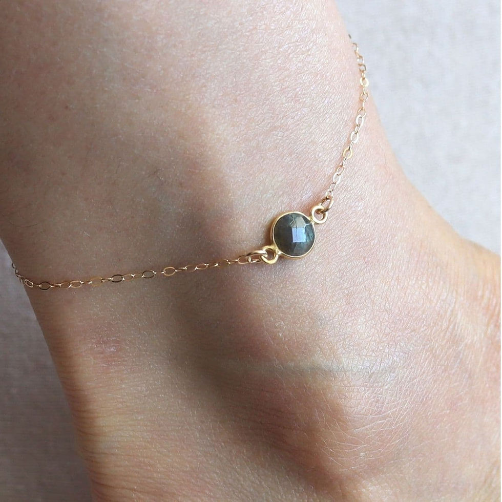 Close-up 14k gold filled bezel anklet with a labradorite on bare skin for Summer, personalized gemstone gift Canada.