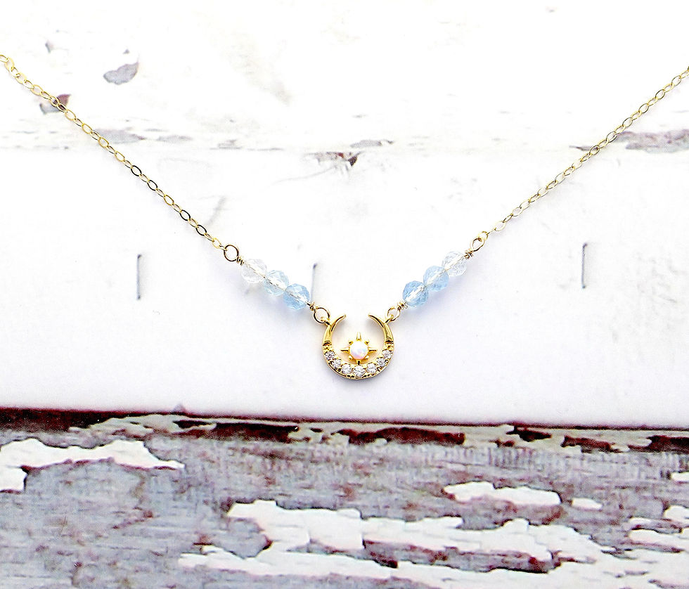 Aquamarine with crescent moon and star charm  necklace, unique birthstone jewelry, perfect for Young adult