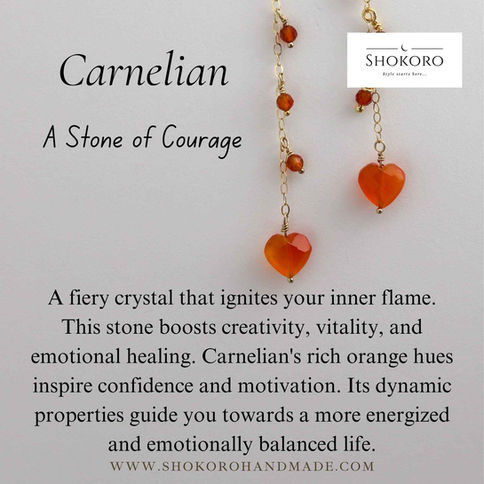 Carnelian heart-shaped earrings on a chain, described as a "Stone of Courage." Text shows emotional benefits. Brand: Shokoro