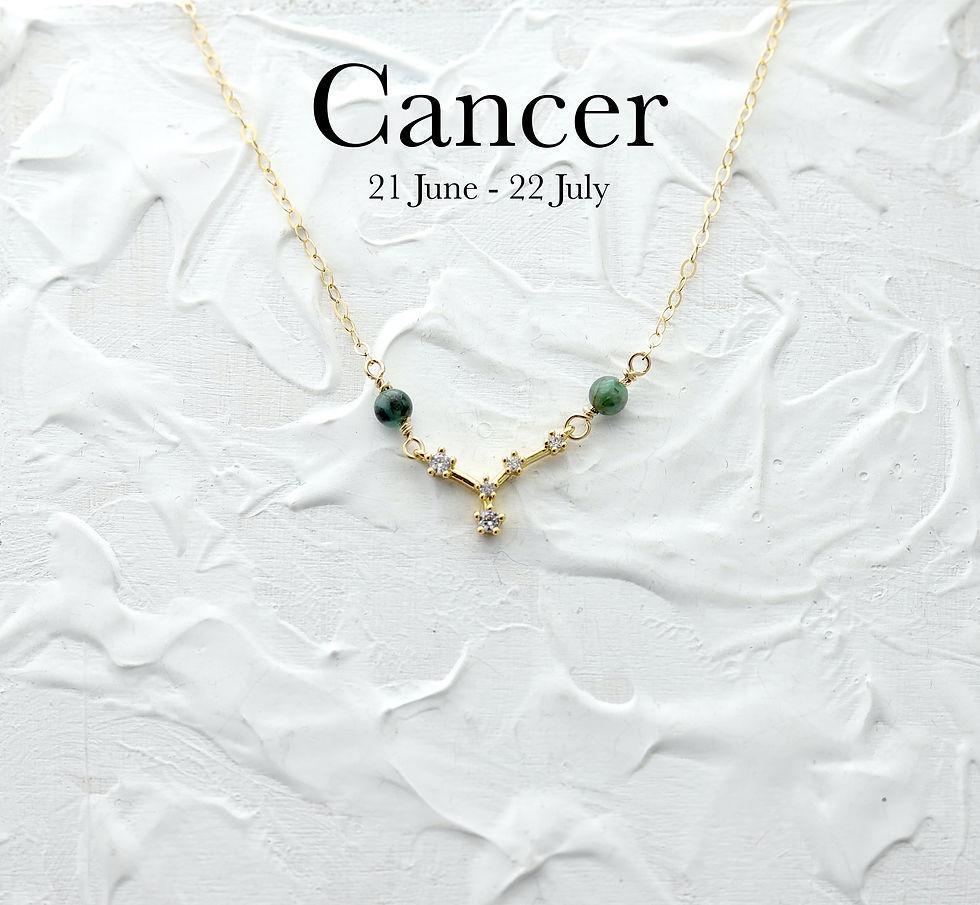 Cancer zodiac constellation gold necklace with gems on a white textured background. Text reads: Cancer, 21 June - 22 July.
