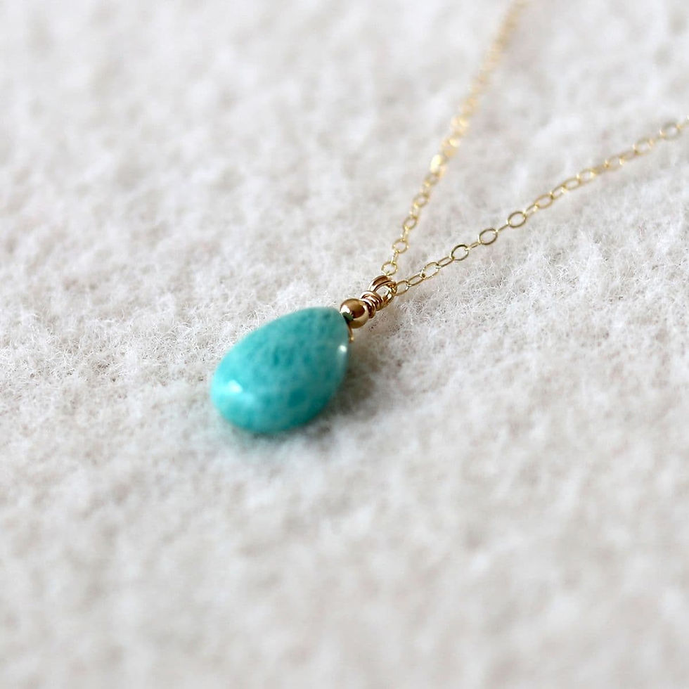 Close-up of a vibrant Amazonite pear necklace in 14k gold-filed, showing "Lagoon-Blue" gemstone transparency.