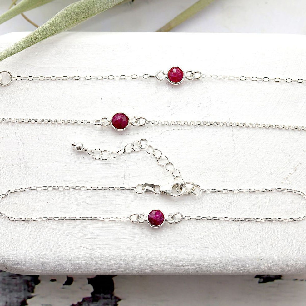 Ruby gemstone bracelet with dainty 14k gold filled chain, personalized vibrant energy, handcrafted by Shokoro, Toronto.