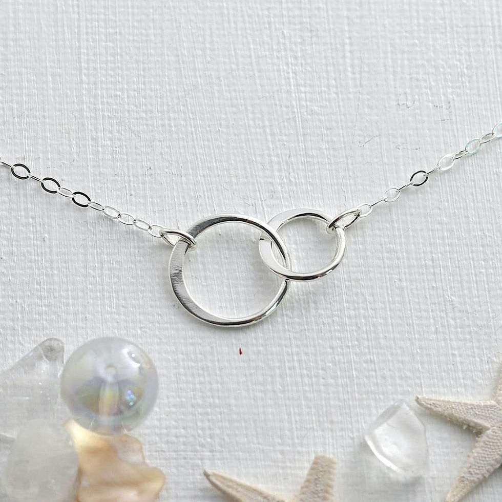 Minimalist .925 sterling silver interlocking double circle necklace from Shokoro Handmade, dainty meaningful gift for woman.