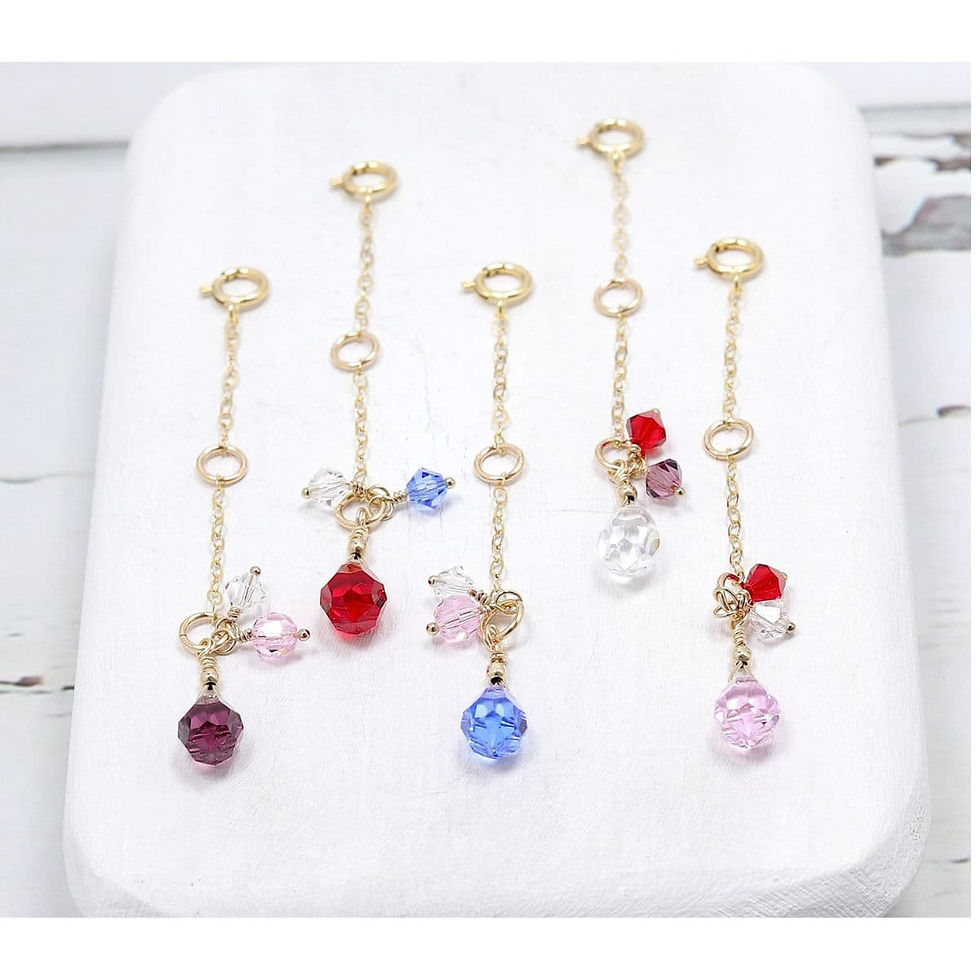 14k gold filled necklace extenders with colorful rhinestone beads, handcrafted for styling layered everyday luxury styling.