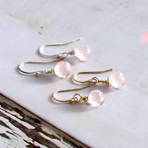 dainty Rose Quarts dangle earring in gold and silver, pair it with minimalist necklace, self love jewelry set gift for her.