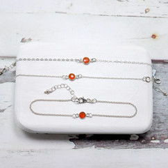 natural carnelian dainty bracelet sterling silver setting, chain selection from rolo, cable and paper clip