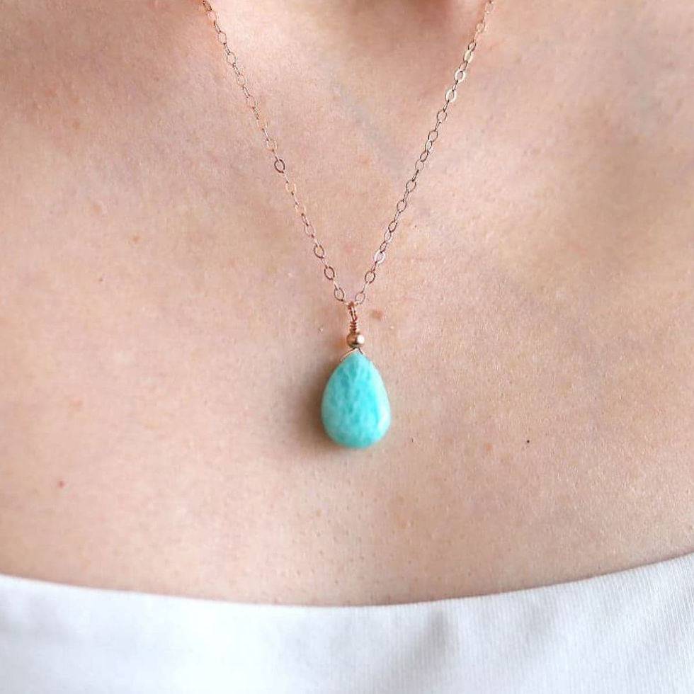 AAA Amazonite pear necklace in 14k rose gold-filled, Close-up of real blue gemstone on skin showing "Sunset" warmth. Toronto.