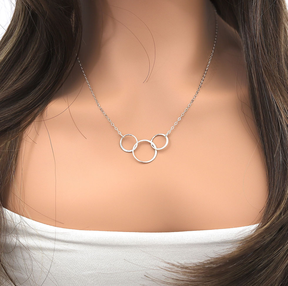 Silver necklace with three interlocking circles on a woman's neck, framed by long brown hair, against a plain background.