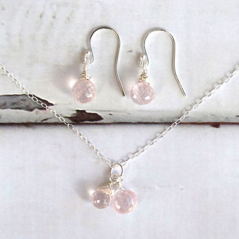 Rose Quartz necklace and earring in sterling silver, dainty minimalist jewelry set for minimalist elegance, handcrafted gift.
