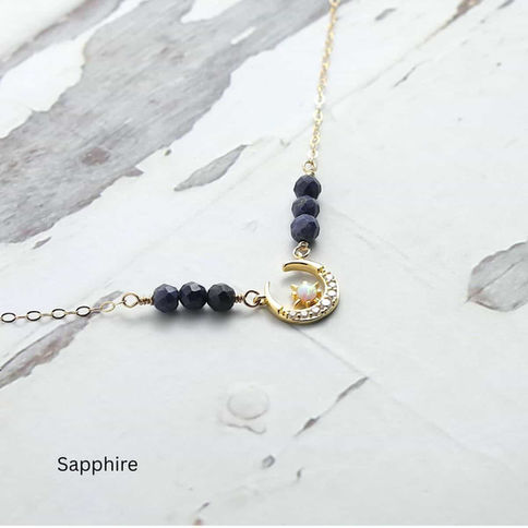 Starry moon necklace with natural sapphire and dainty 14k gold filled chain, symbolic meaningful gift for layering.