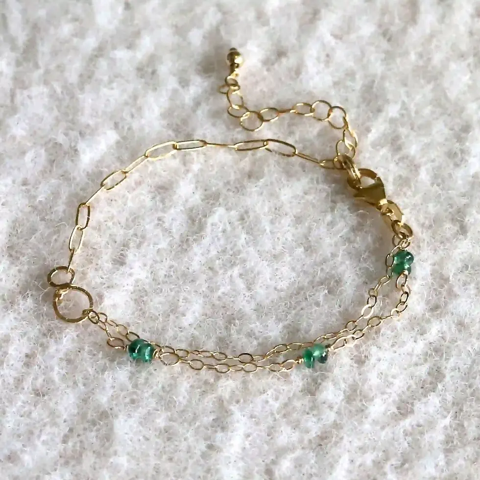 handcrafted high-quality emerald half layered chain bracelet, 14k gold filled mixed chain May birthstone gift, artisan jewelry from Shokoro Handmade, Toronto, Ontario, Canada