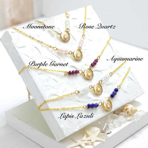 Shokoro's Starry Moon Necklace with natural Aquamarine crystal, Celestial meet healing crystal, Perfect jewelry gift