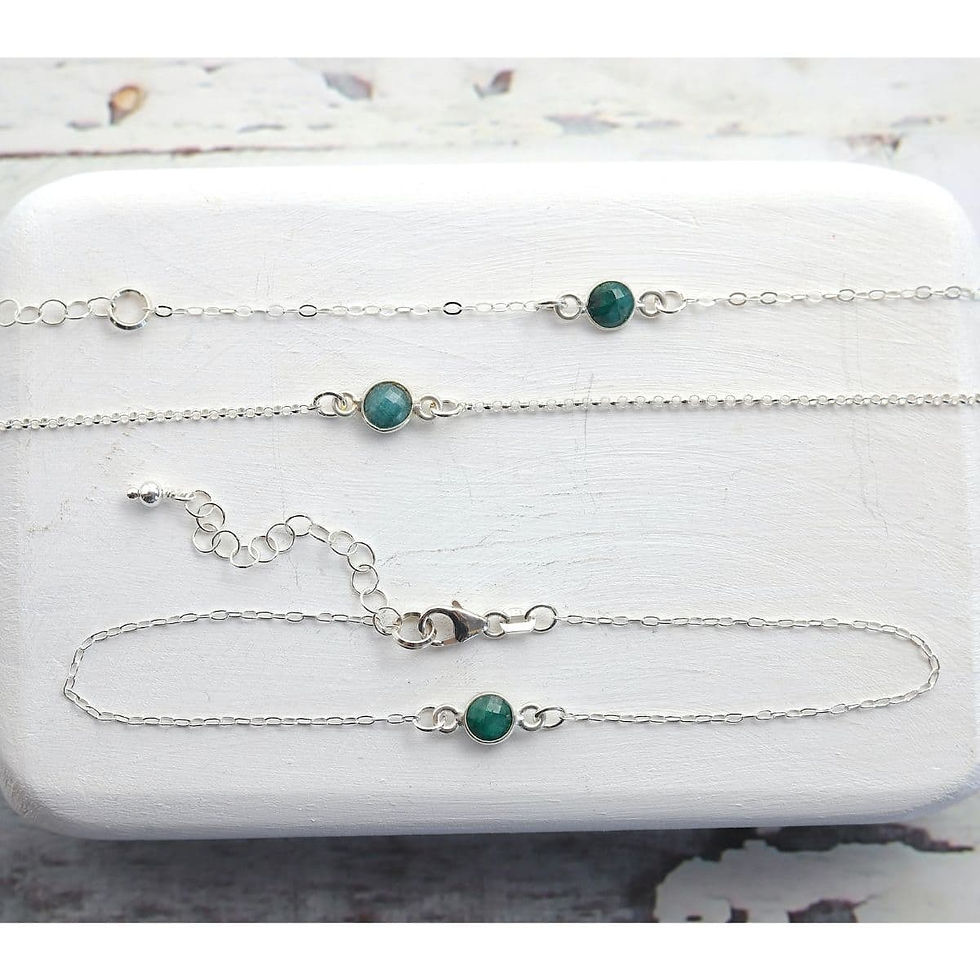 Dainty Emerald bezel bracelet with high-quality silver chain, custom adjustable length, handcrafted by Shokoro, Toronto.
