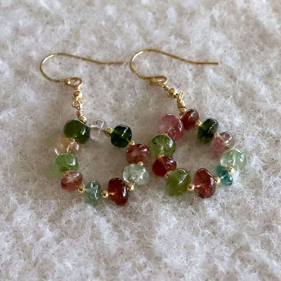 Flat-lay, Multicolor Rainbow Tourmaline teardrop ring earrings in 14k gold filled, artisan design and high quality gemstone.