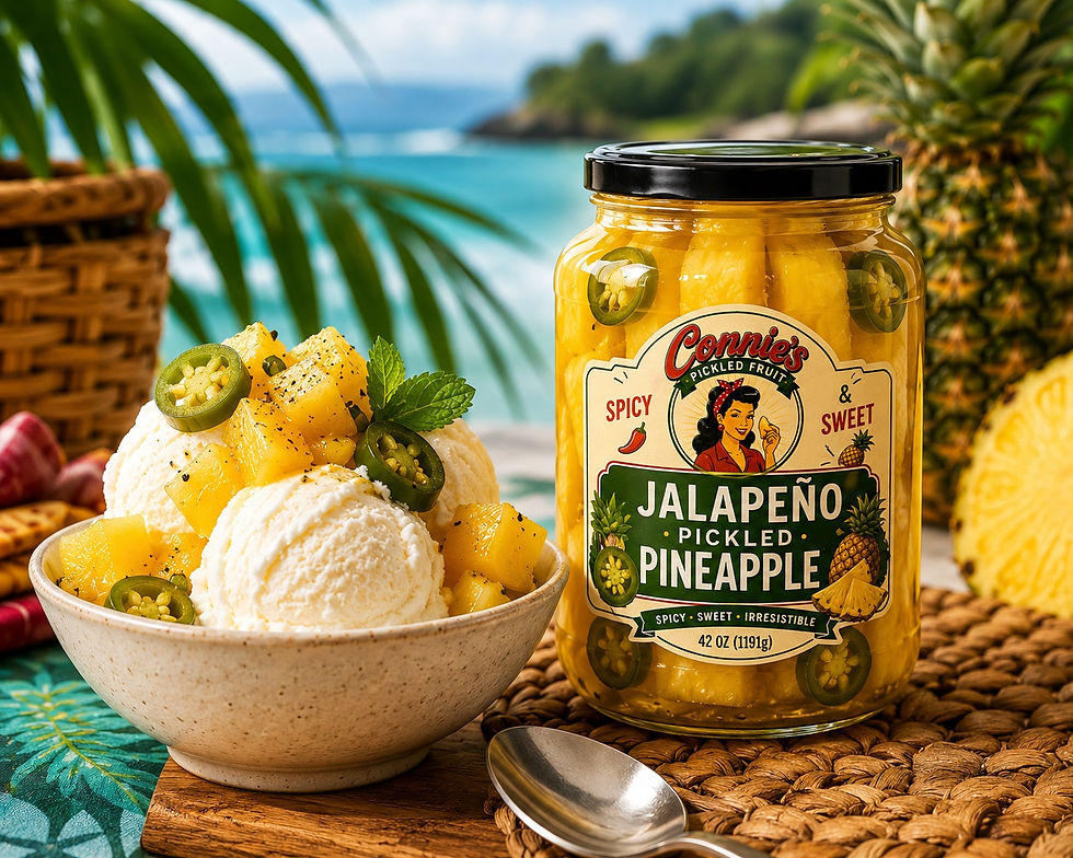 Thumbnail: Glass jar of jalapeno pickled pineapples from Connie's Pickled Fruit.  Bowl of vanilla ice cream. Palm tree. Tropical Island 