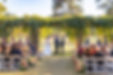 a bride and groom stand under an arbor while the officiant reads from a book