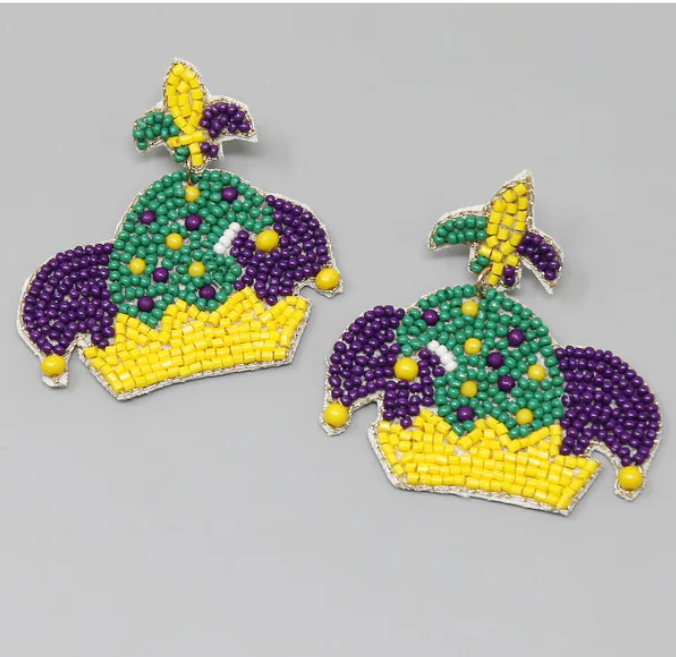 Mardi Gras Jester Hat Beaded Earrings