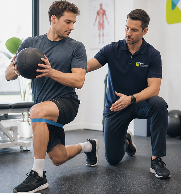 Physiotherapist supervising exercise rehabilitation with a patient at Kinesis Physiotherapy in Marrickville