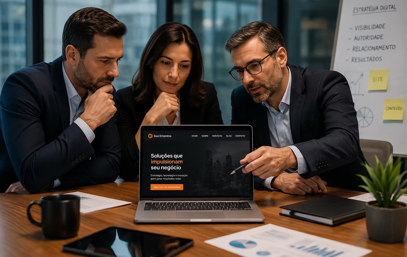 Sócios analisando a presença digital da empresa em um notebook