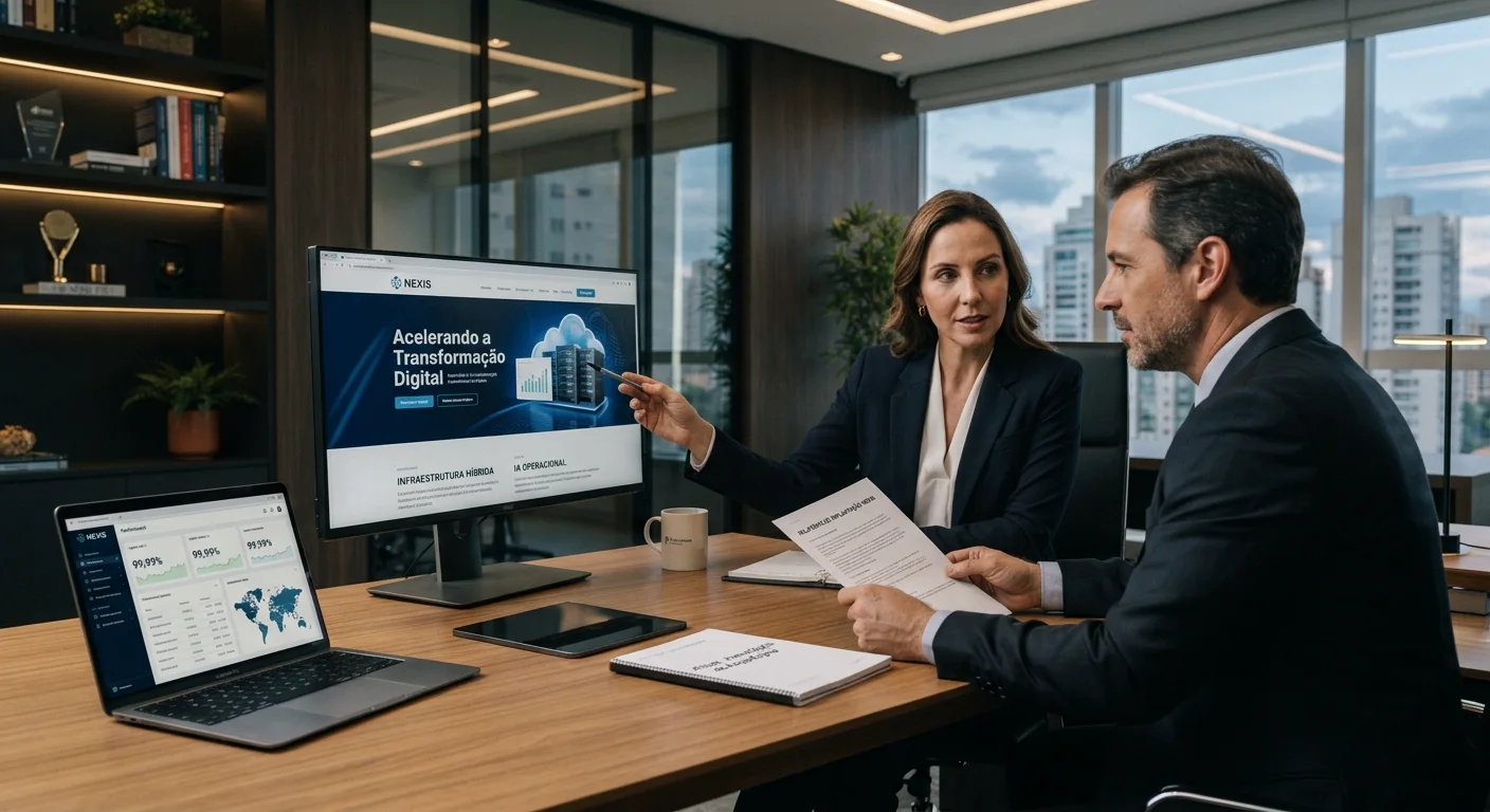 Executiva e executivo analisando o site e os indicadores de uma empresa em uma reunião no escritório