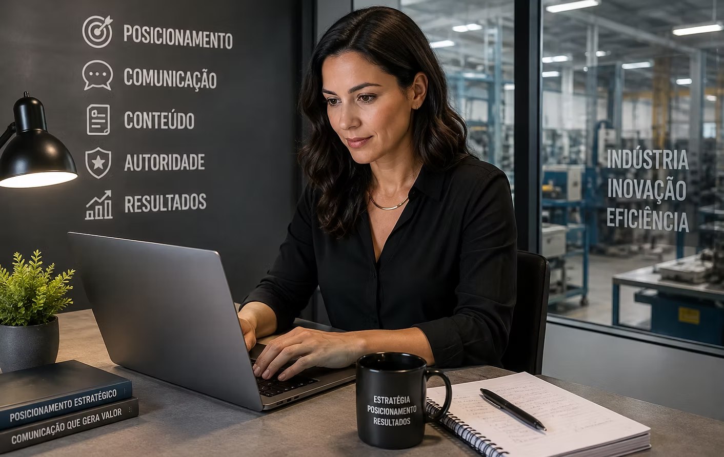 Consultora analisando posicionamento, comunicação, conteúdo, autoridade e resultados