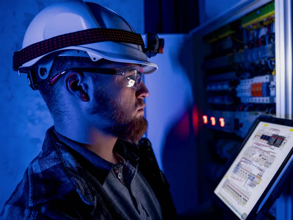 Engenheiro com capacete e óculos de proteção analisando projeto elétrico em um tablet diante de um quadro de comando