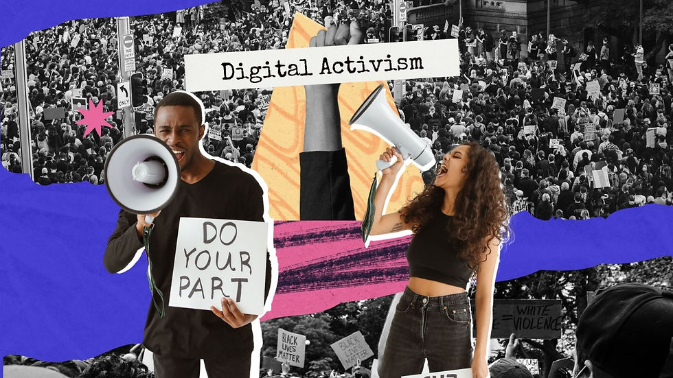 Digital ctivism graphic with 2 people holding megaphones and one of them holding a sign that reads " Do your Part"