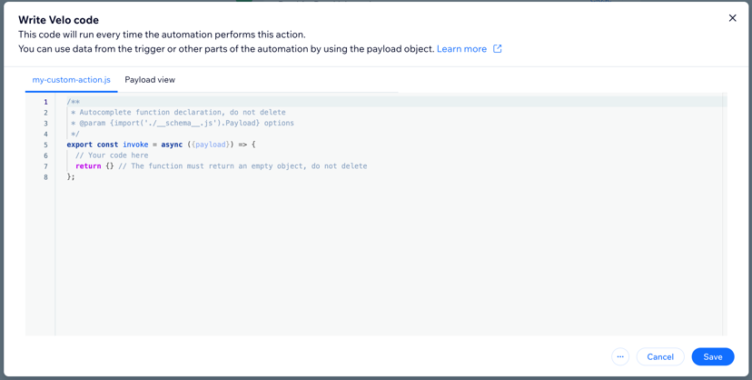 Write velo action code