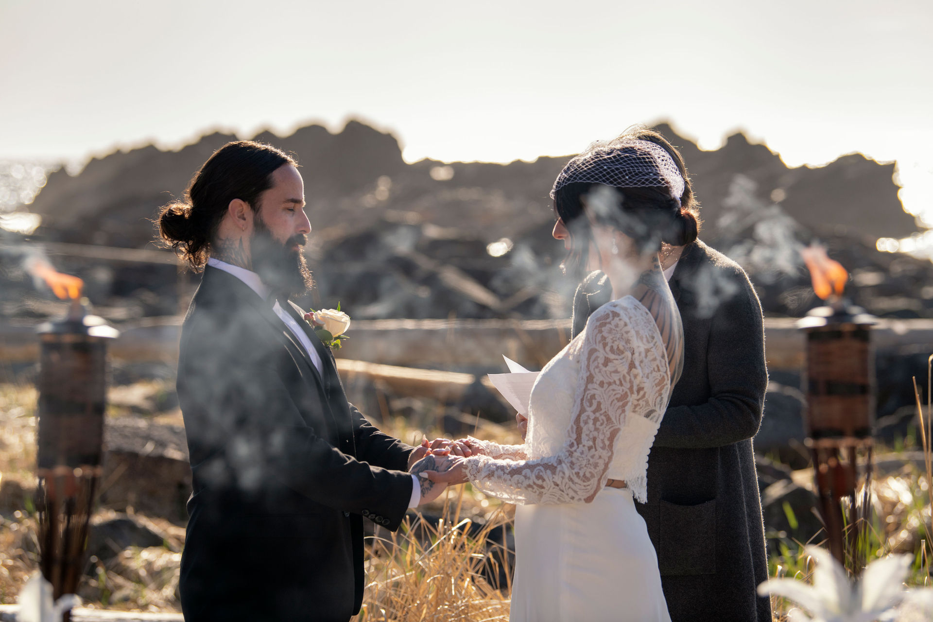 Wedding ceremony on the beach in Ucluelet. Photographed by Ucluelet wedding photographer Kaitlyn Shea.