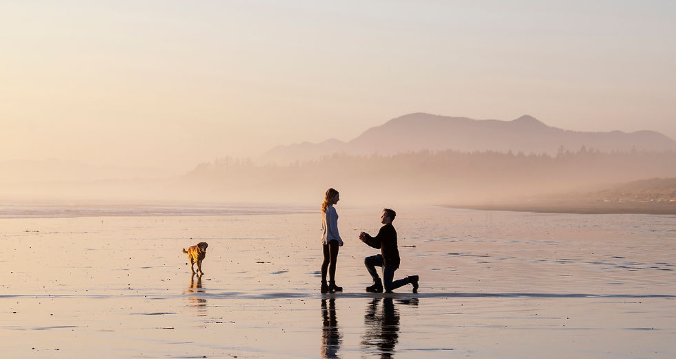 Man proposes to his girlfriend on Wickaninnish Beach. Photographed by Tofino wedding photographer Kaitlyn Shea.