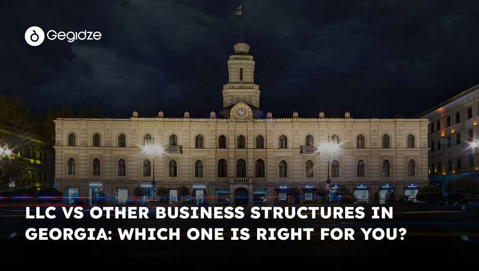 Night view of a lit-up Georgian building with a clock tower. Text: "LLC vs Other Business Structures in Georgia: Which One Is Right for You?"