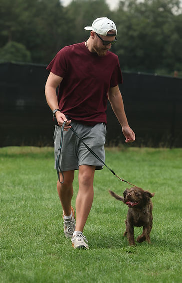 A 6 foot man in a white cap, sunglasses, burgundy t-shirt and grey shorts walking his Cocker Spaniel dog