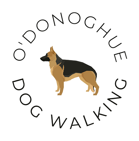 A circular logo with O'Donoghue Dog Walking on the outside of a German Shepherd