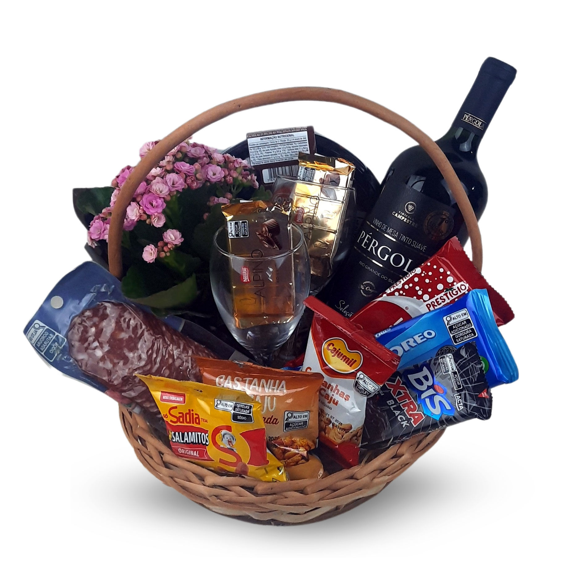 cesta de petiscos com flor