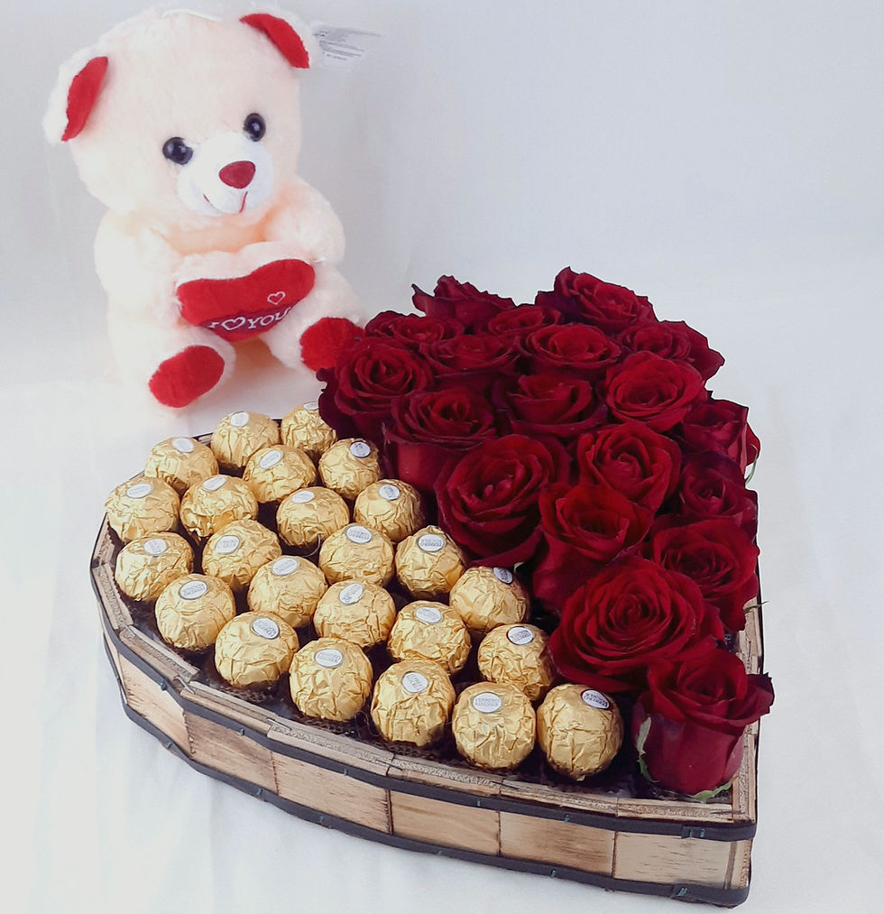 Miniatura: coração de rosas com ferreiro rocher e ursinho de pelucia