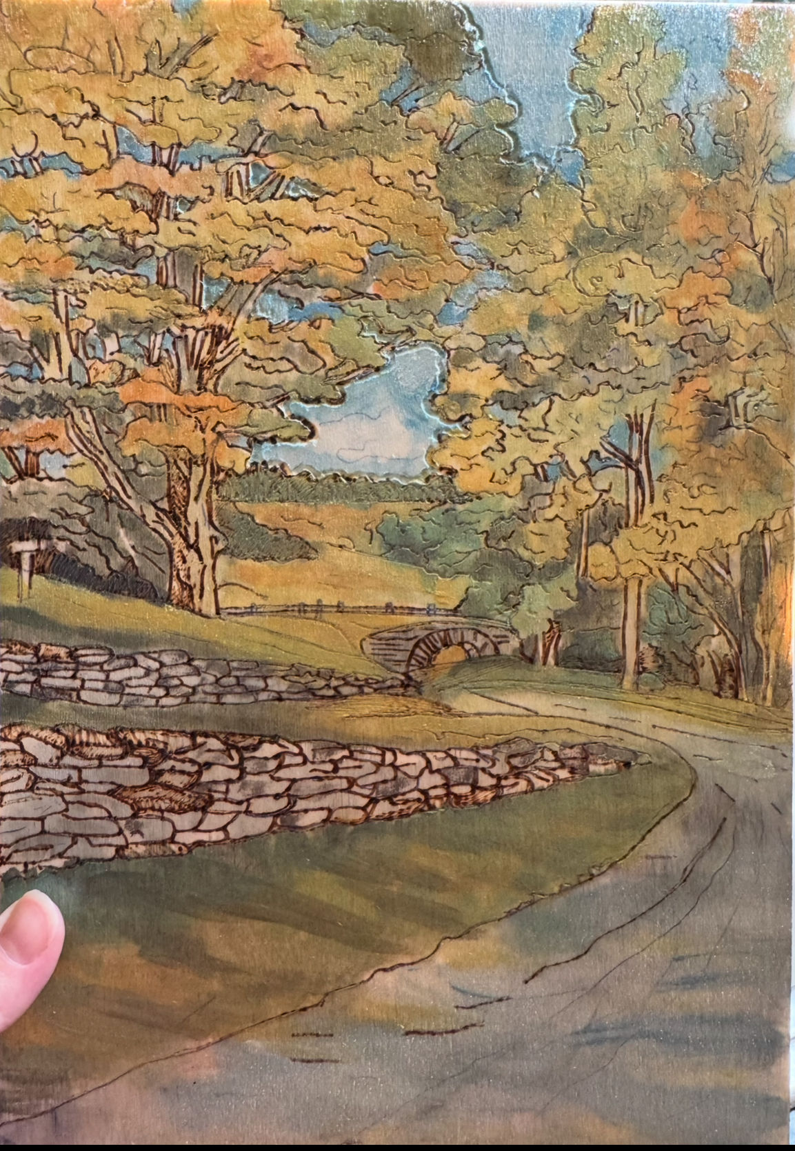 Original Moses Cone engraving, watercolor& woodburning.