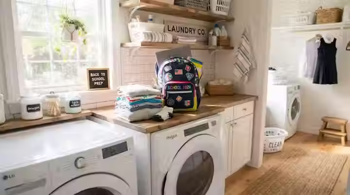 Back to School Laundry and Backpack on Dryer in a Laundry Room