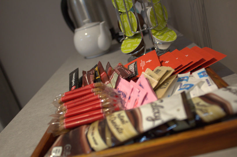 The Old Mill, Bed & Breakfast, Family Room tea/coffee maker, beverages & snacks, hot chocolate.