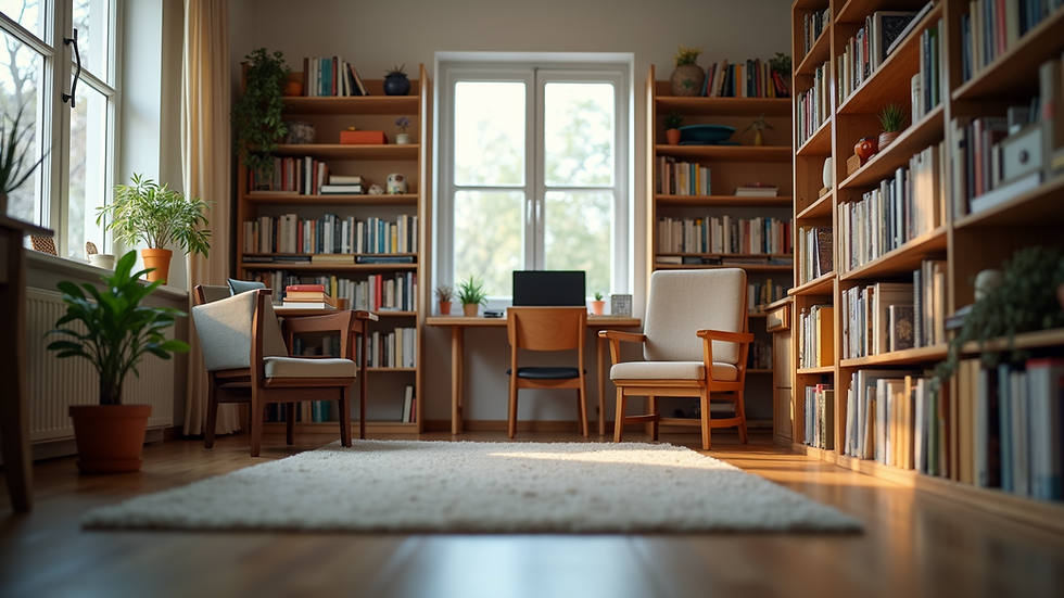 Eye-level view of a cozy tutoring room with books and learning materials