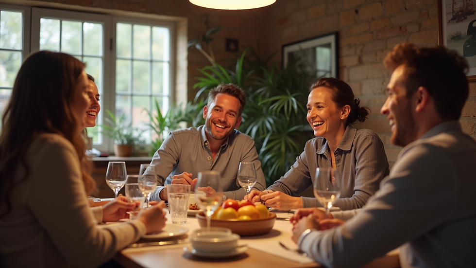 Eye-level view of a family gathering around a table sharing stories