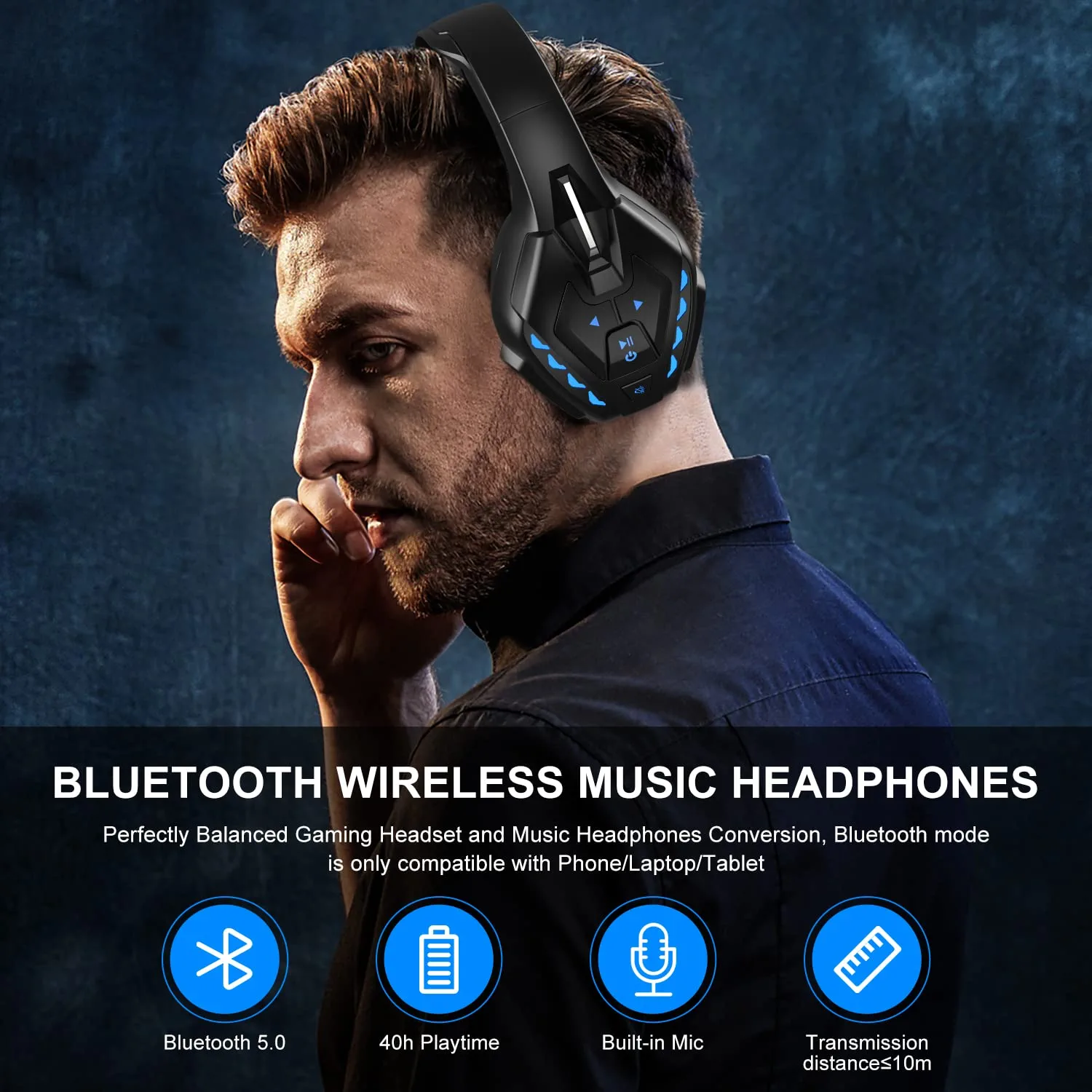 Thumbnail: PHOINIKAS Wireless Bluetooth Gaming Headset, Stereo Over Ear Headphones