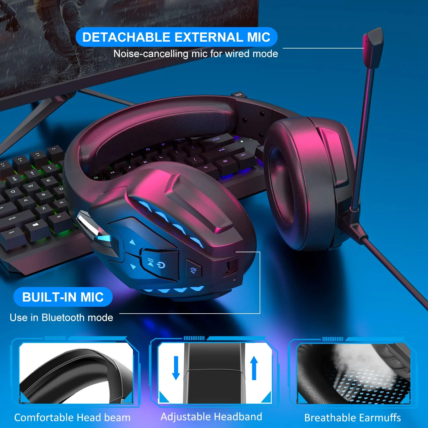 Thumbnail: PHOINIKAS Wireless Bluetooth Gaming Headset, Stereo Over Ear Headphones