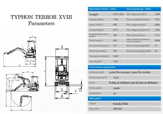 Thumbnail: Green TYPHON TERROR XVIII Prestige 2 Ton Mini Excavator KUBOTA Diesel Engine USA