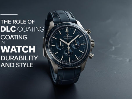 the role of dlc coating in watch durability and style closeup of a black chronograph watch with blue leather strap on a dark surface