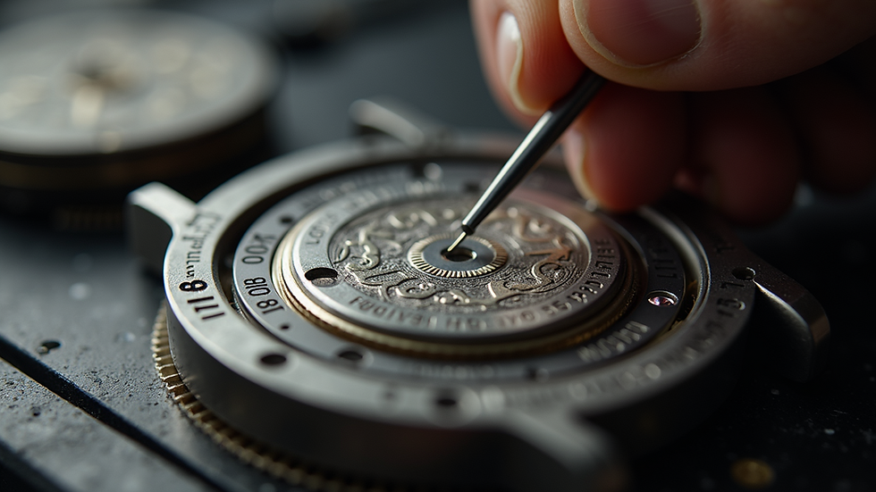 High angle view of watchmaker engraving a watch case