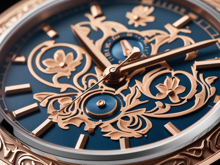 A closeup of a luxury watch with an ornate blue dial featuring intricate gold floral engravings rose gold hands and a matching bezel with detailed patterns