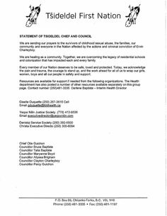 Statement from Tsideldel Chief and Council