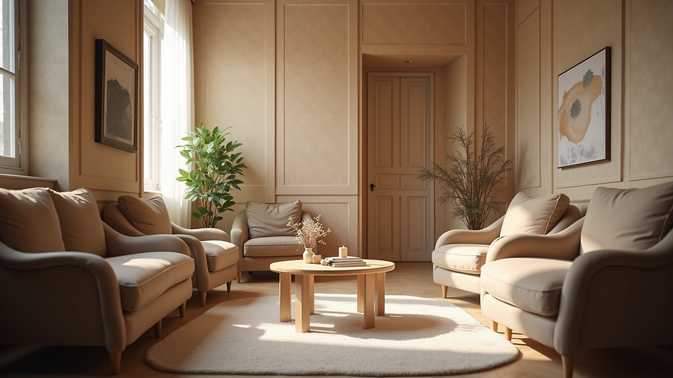 Eye-level view of a cozy therapy room with comfortable seating