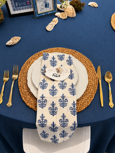 Elegant wedding place setting with blue and white patterned details at Westwood, Vowery and Estate in Westfield, Indiana