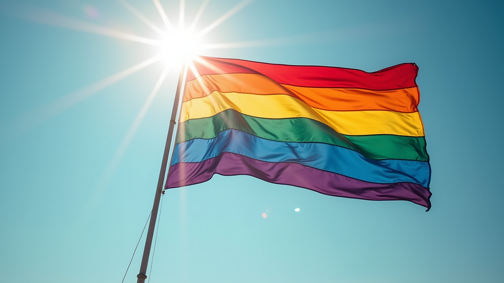 Eye-level view of a rainbow flag fluttering proudly in the sun